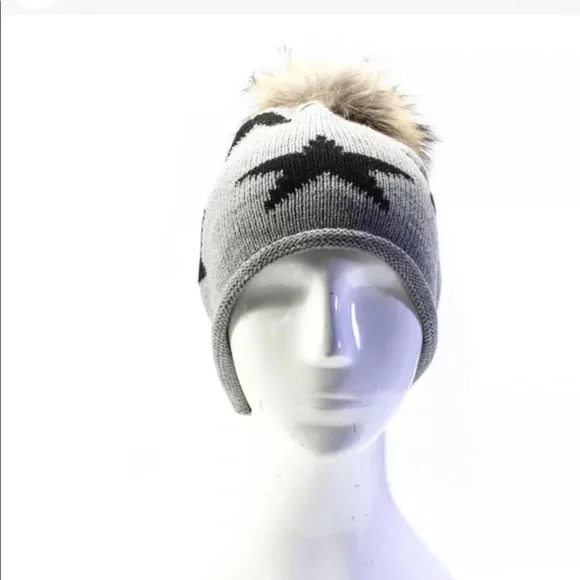Hat attack grey genuine fur pom beanie hat one size